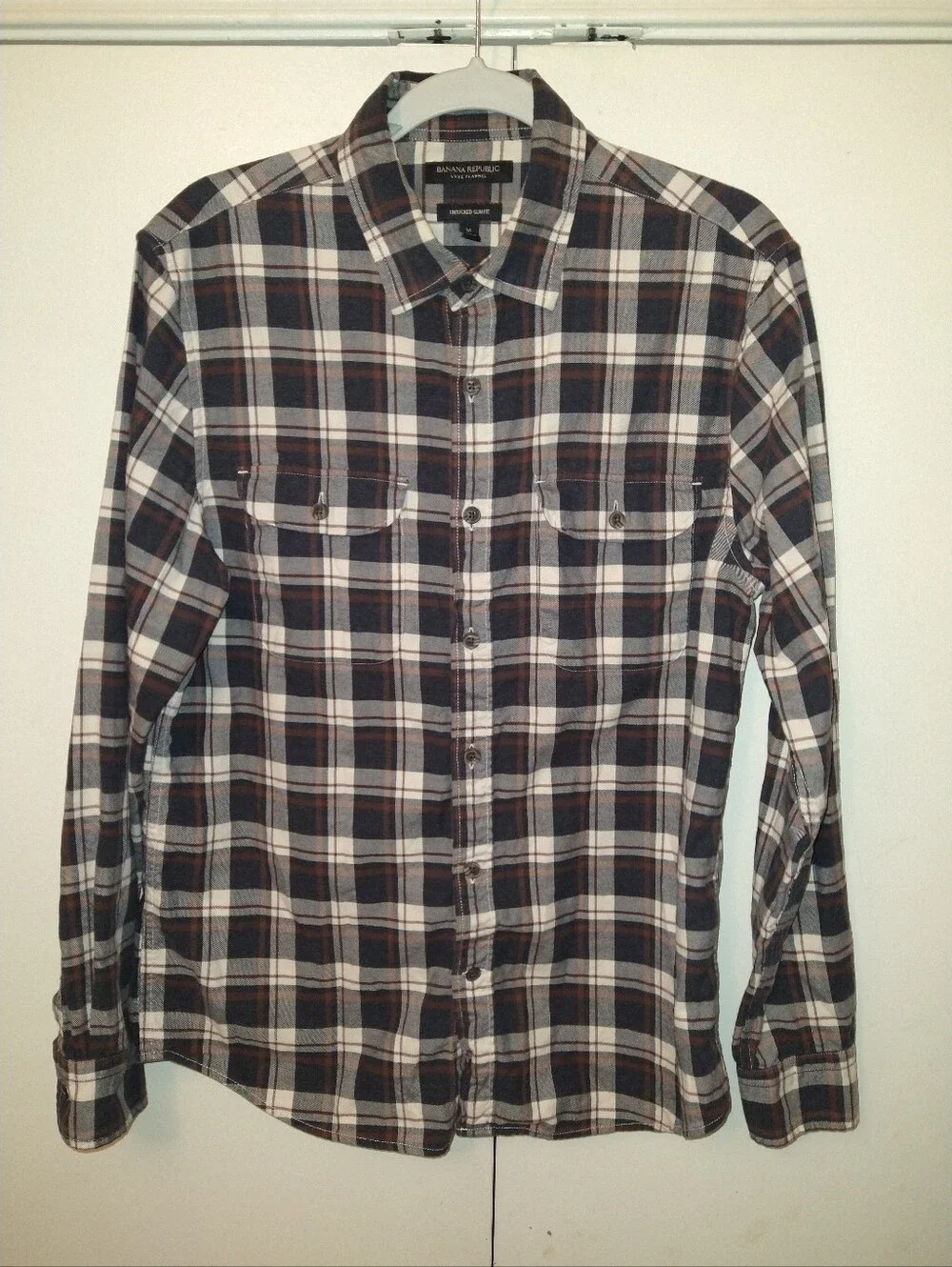 Banana Republic Luxe Untucked Slim Fit Plaid Long Sleeve Button Up Shirt Men's M